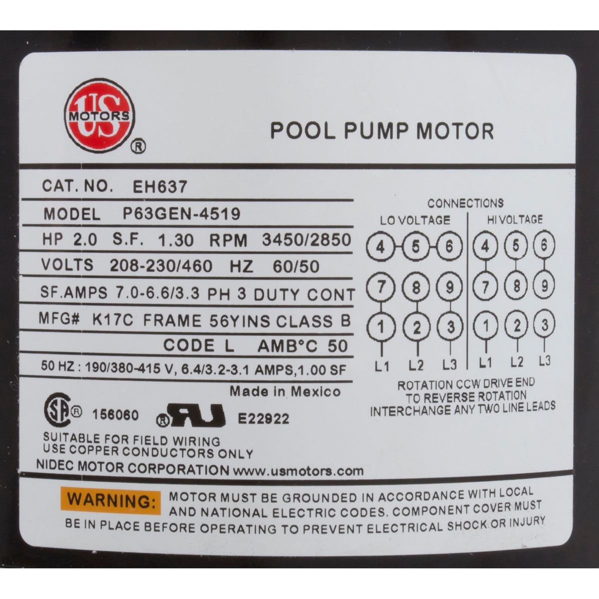 Motor, Nidec/USMtr, 2.0hp 208-230/460v, 1-Spd 56Yfr, SQFL, Full