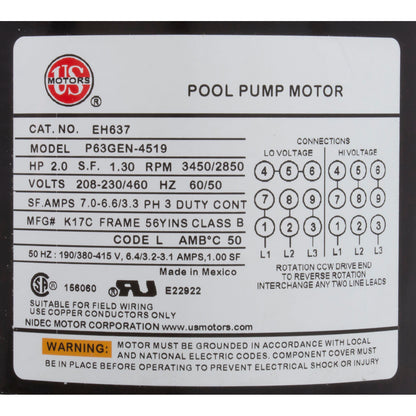 Motor, Nidec/USMtr, 2.0hp 208-230/460v, 1-Spd 56Yfr, SQFL, Full