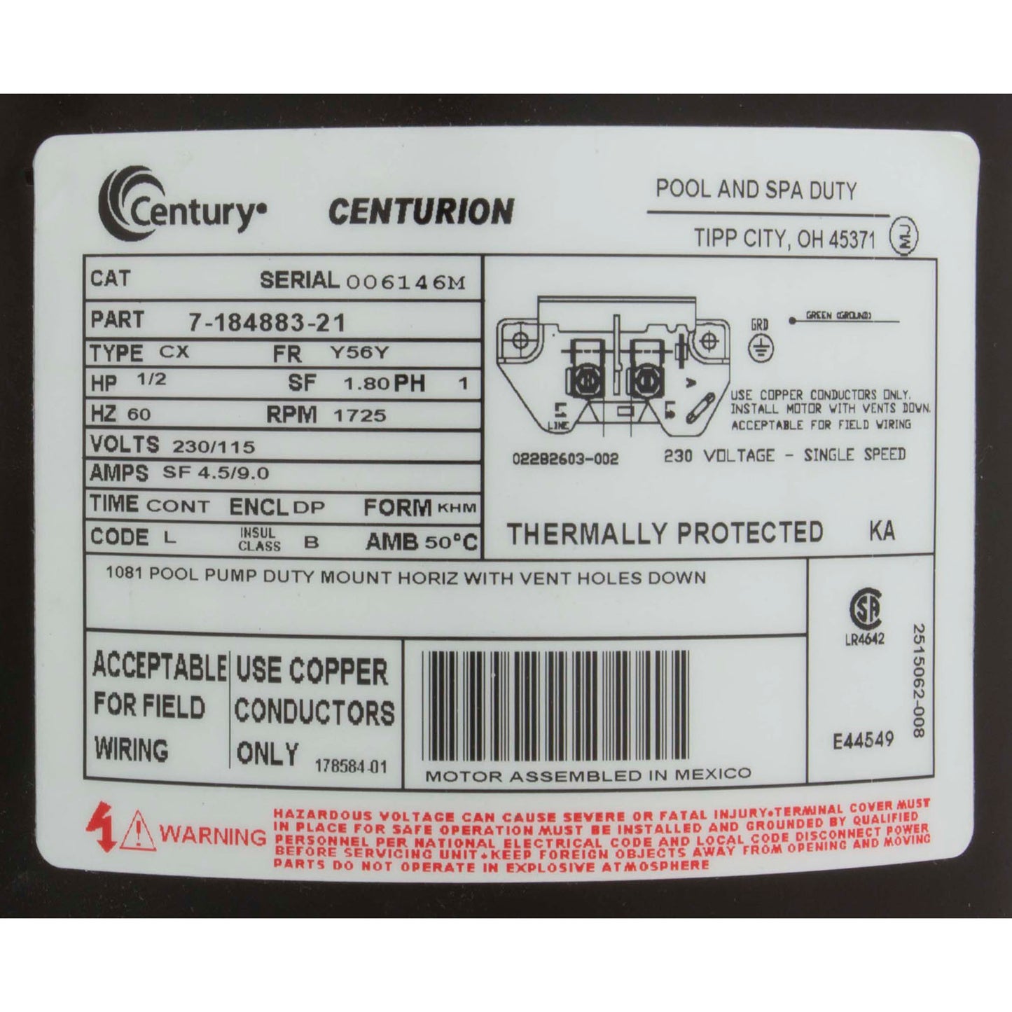 Motor, Speck, 0.5 Horsepower, 115v/230v, 1 Speed, 21-80/30 G