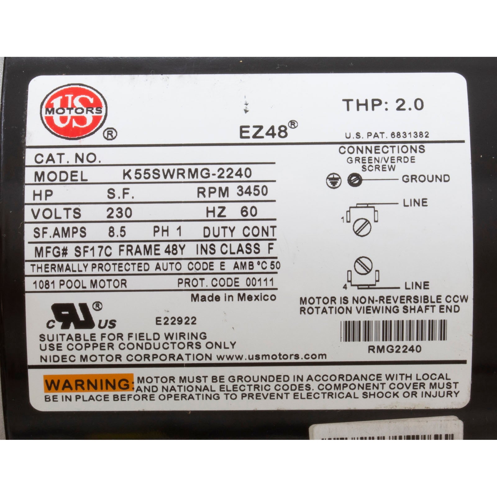 Motor, 2.0thp, 230v, 1-Speed, 48 Frame