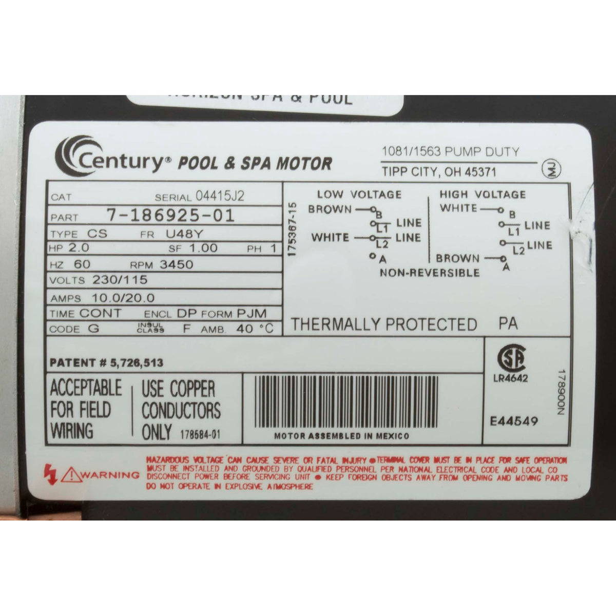 Motor, Century, 2.0thp, 115v/230v, 1-Spd, 48fr
