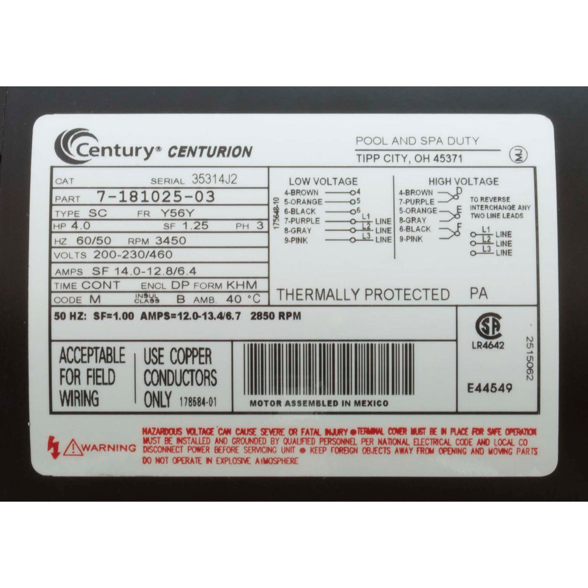 Motor, Century, 4.0hp, 208v-230v/460v, 1-Spd, 3ph, 56Cfr Thd