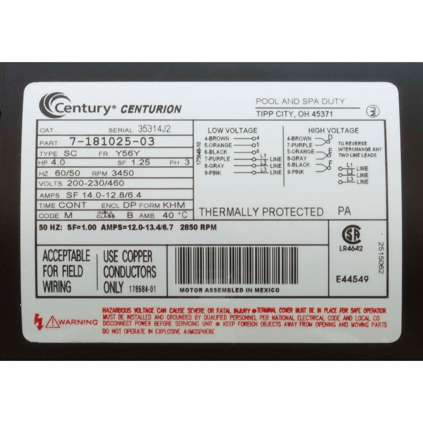 Motor, Century, 4.0hp, 208v-230v/460v, 1-Spd, 3ph, 56Cfr Thd