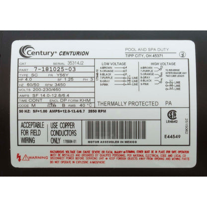 Motor, Century, 4.0hp, 208v-230v/460v, 1-Spd, 3ph, 56Cfr Thd