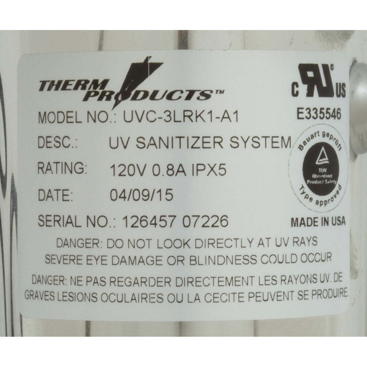 UV Generator, Therm 3L3, 115v, 5w, 3"od x 14-1/4"l, 3/4"b