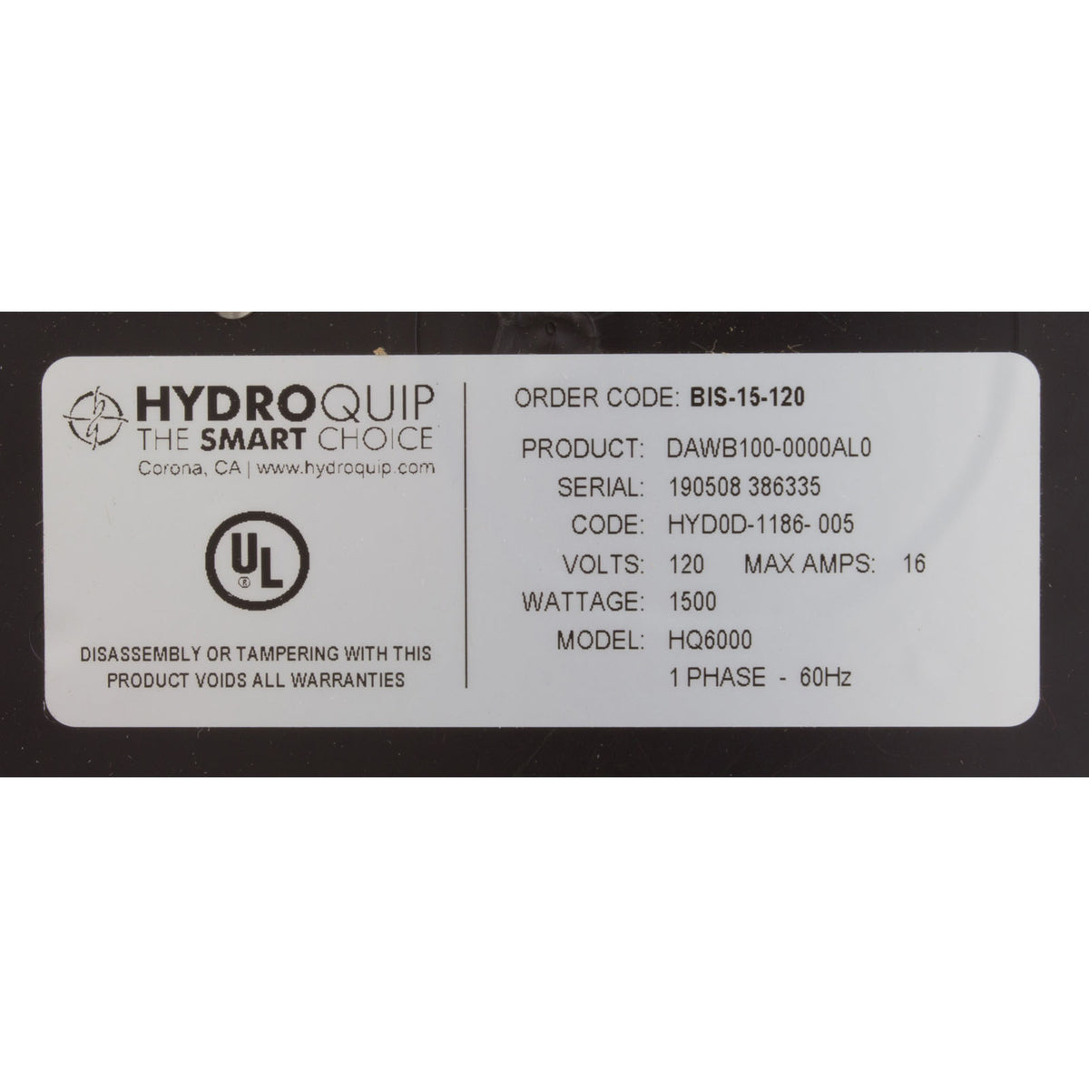 Thermoplongeur, Hydro-Quip, Baptistère, 1,5 kW, 115 V