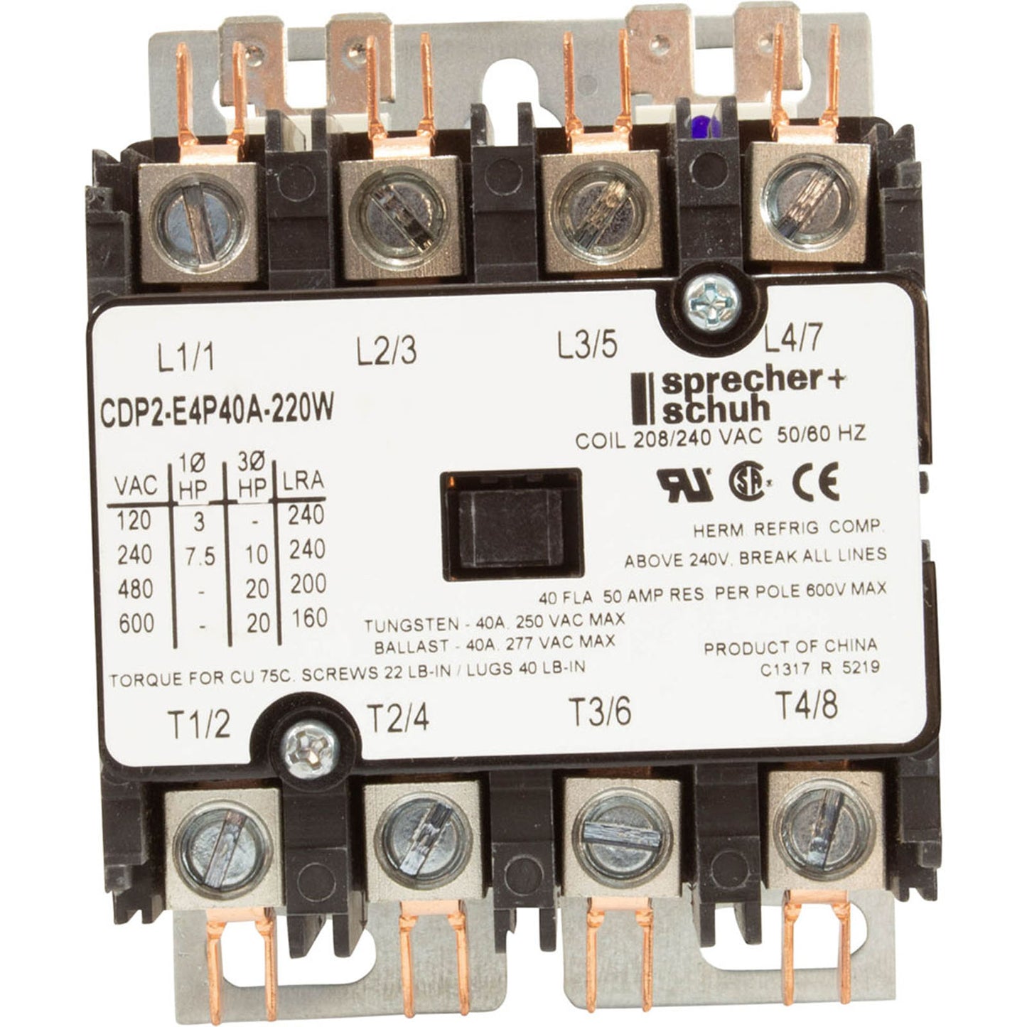 Contactor Coates, 4 polos, 50 amperios, bobina 208/240 V