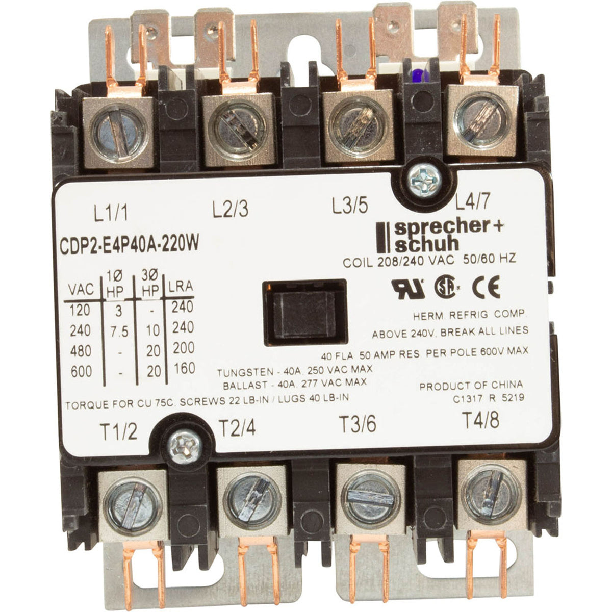 Contactor, Coates, 4 pole, 50 amp, 208/240V coil