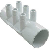 Manifold, 3/4" Barb, 6 Port, Flow Thru, 2" Slip x 2" Slip
