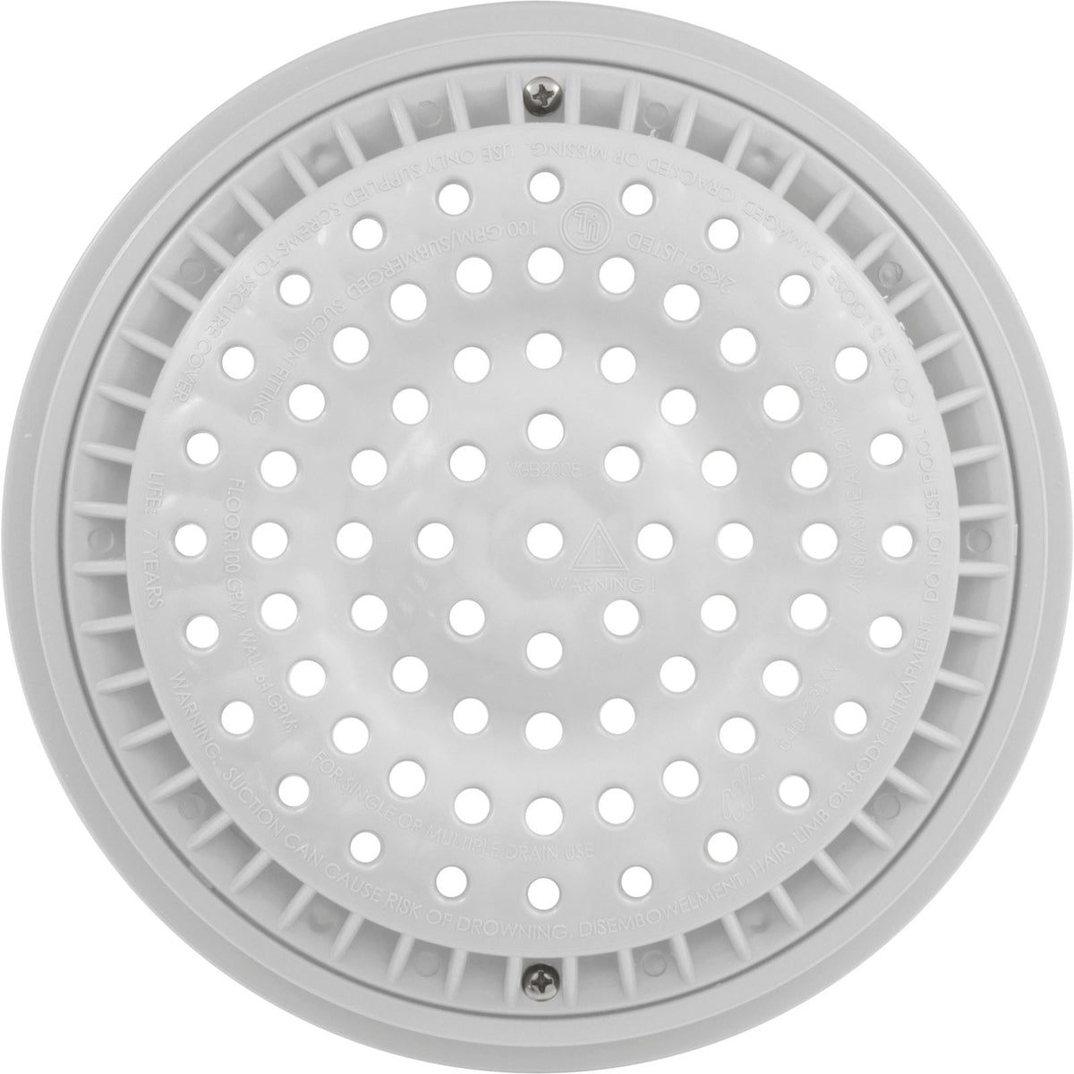 Main Drain Grate, WW Anti Vortex, 8" Rnd, w/Collar, White
