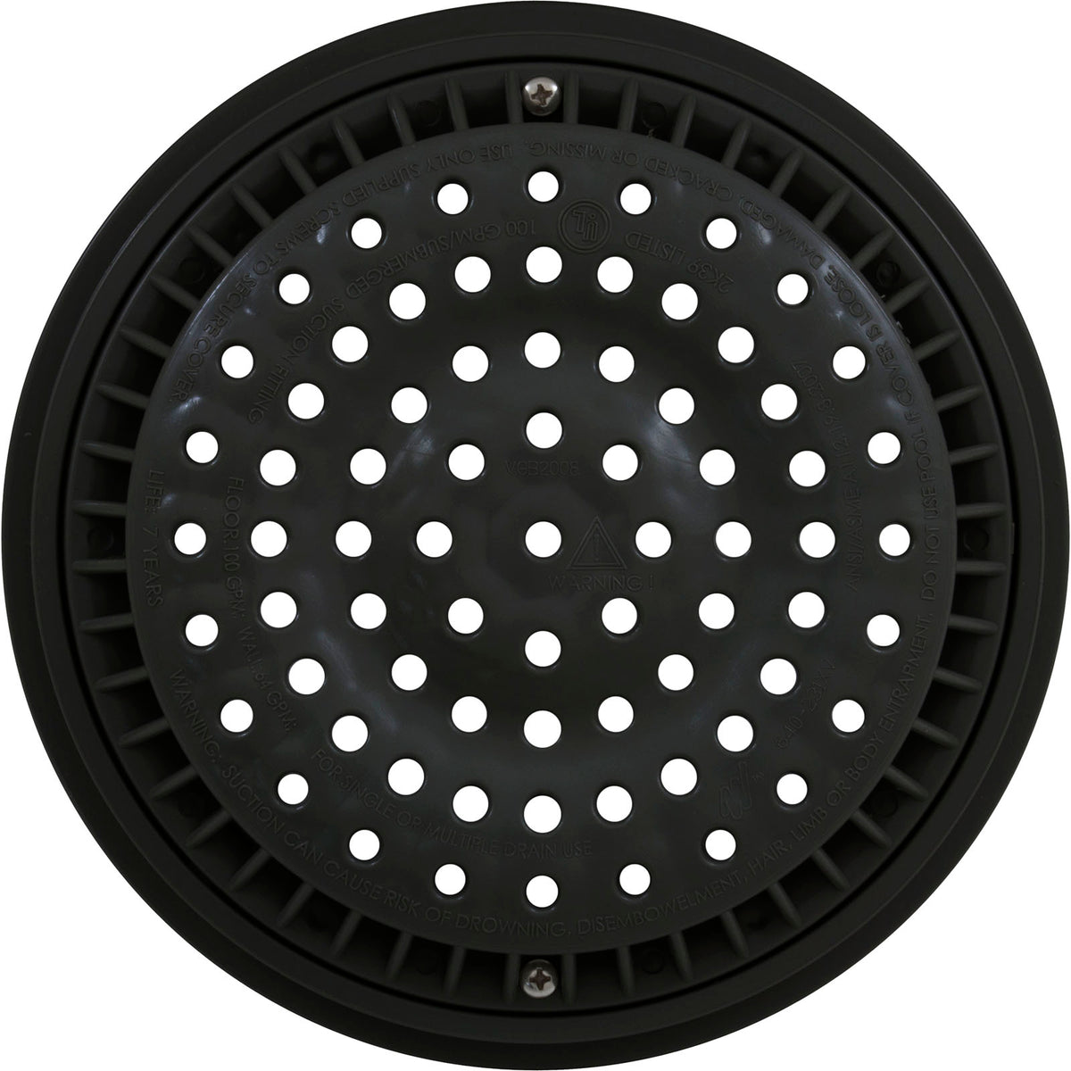 Main Drain Grate, WW Anti Vortex, 8" Rnd, w/Collar, Black