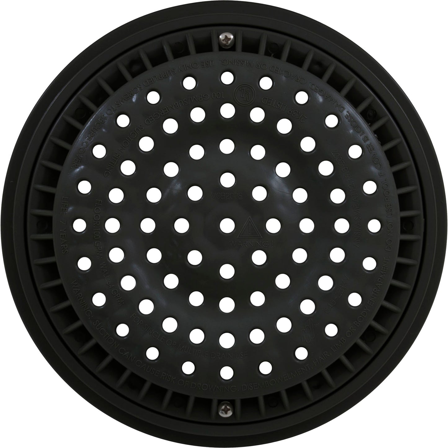 Main Drain Grate, WW Anti Vortex, 8" Rnd, w/Collar, Black