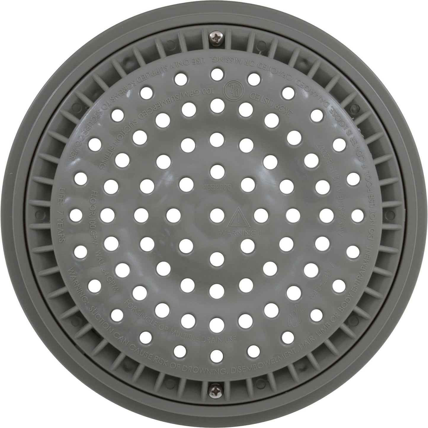 Main Drain Grate, WW Anti Vortex, 8" Rnd, w/Collar, Gray