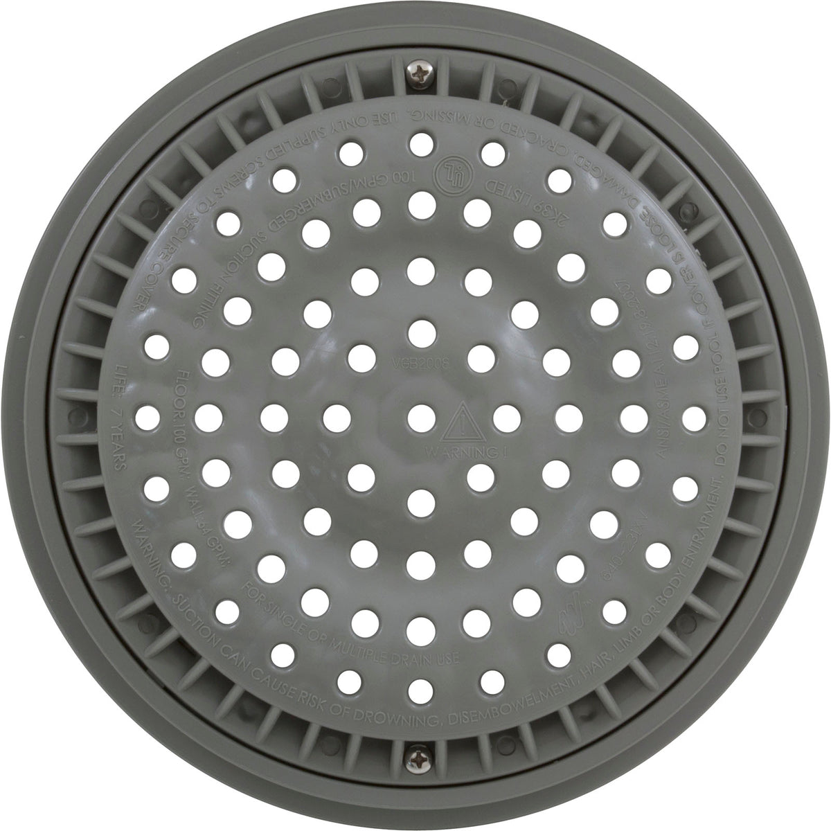 Main Drain Grate, WW Anti Vortex, 8" Rnd, w/Collar, Gray
