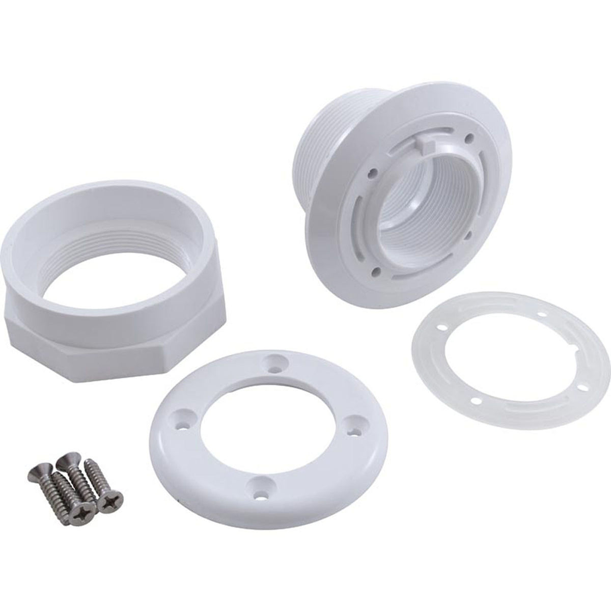 Wall Fitting, WW, Vinyl Liner, 3"hs, 1-1/2"fpt, 3-1/2"fd, Wht