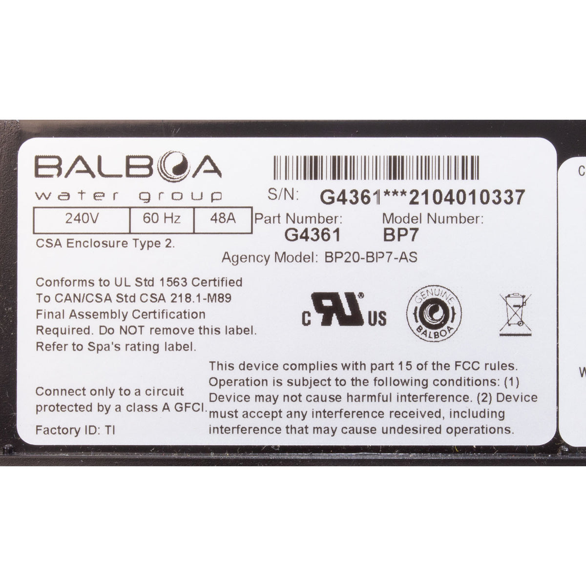 Control Only, Balboa Water Group BP7, 4.0kW, w/ Plug-n-Click