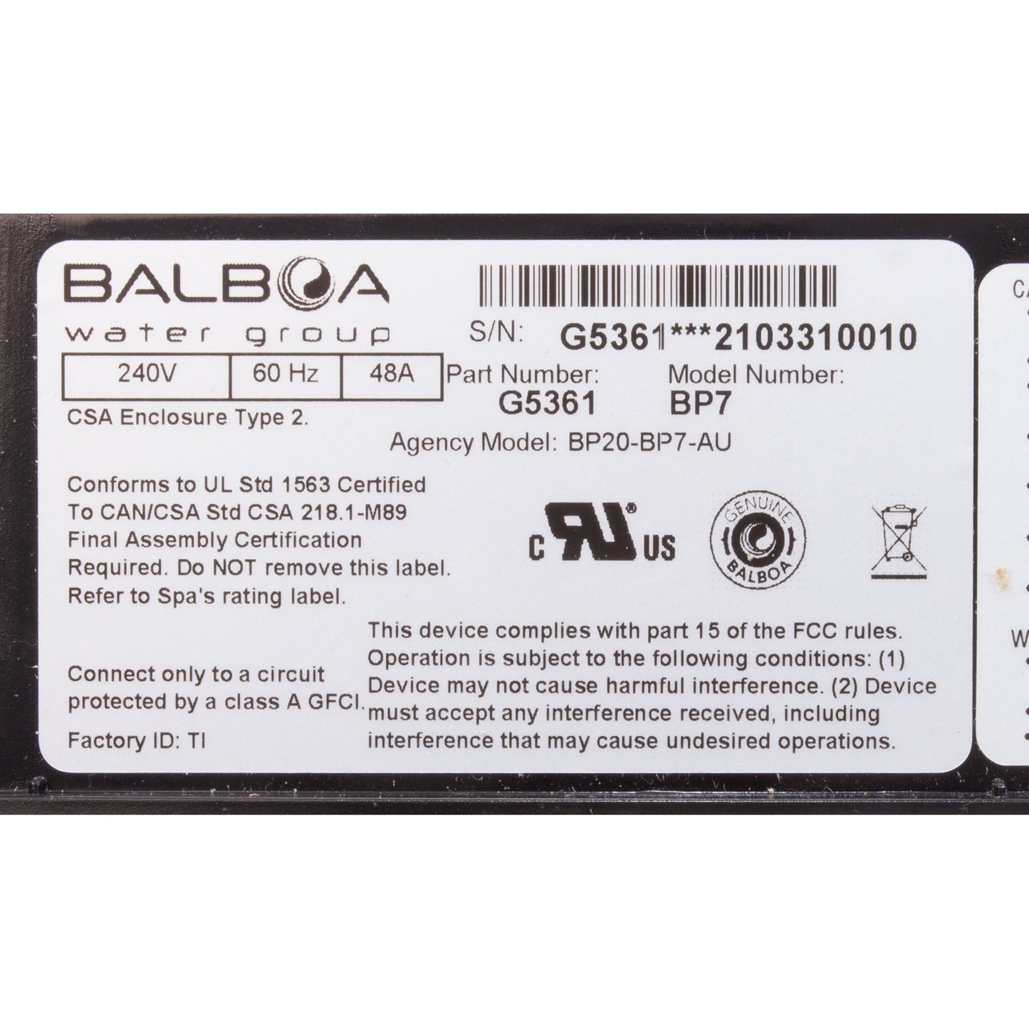 Contrôle uniquement, groupe d'eau Balboa BP7, 5,5 kW, avec Plug-n-Click
