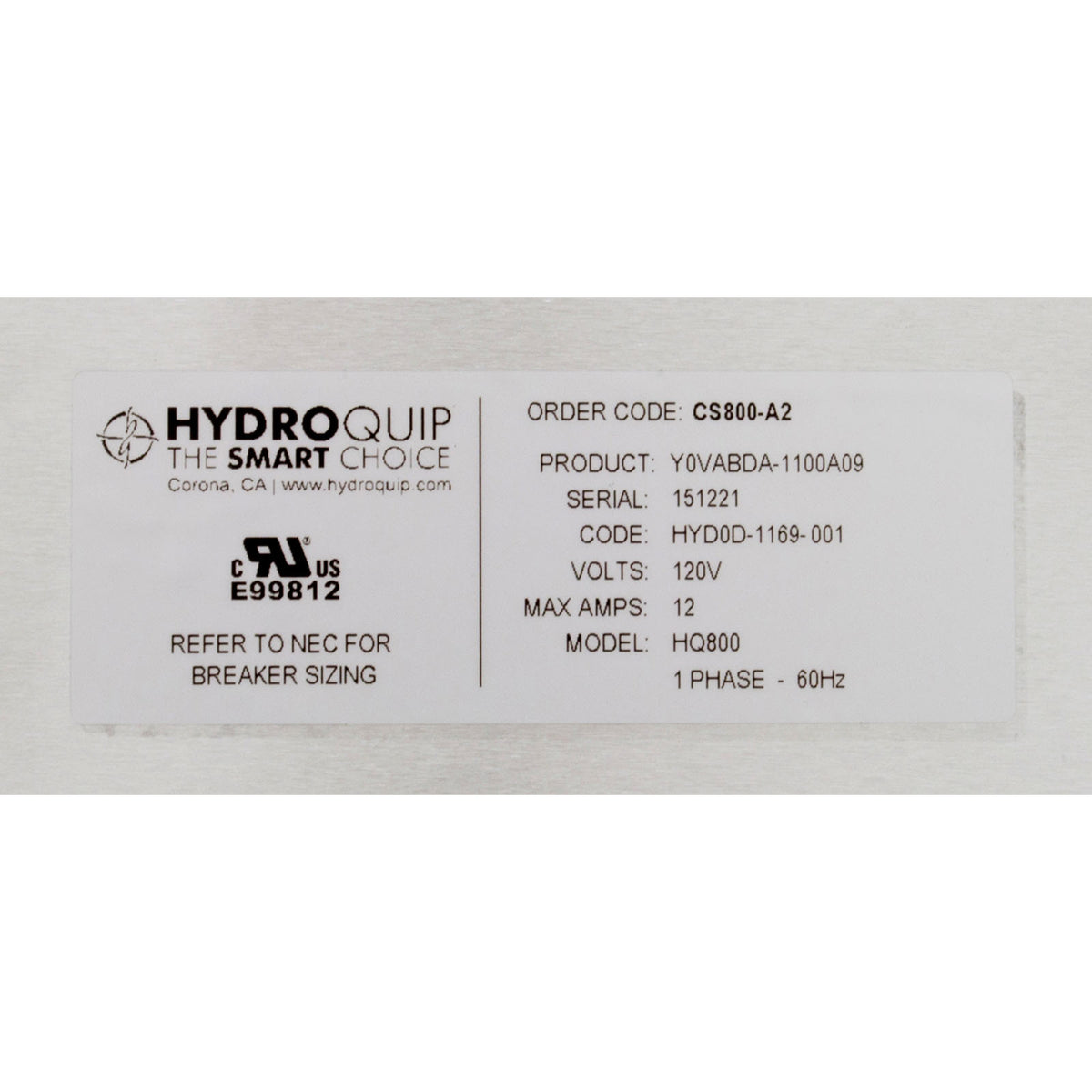 Control, Hydro-Quip CS800-A2, P1, Bl, 115v, 1.1kW, GFCI Cord