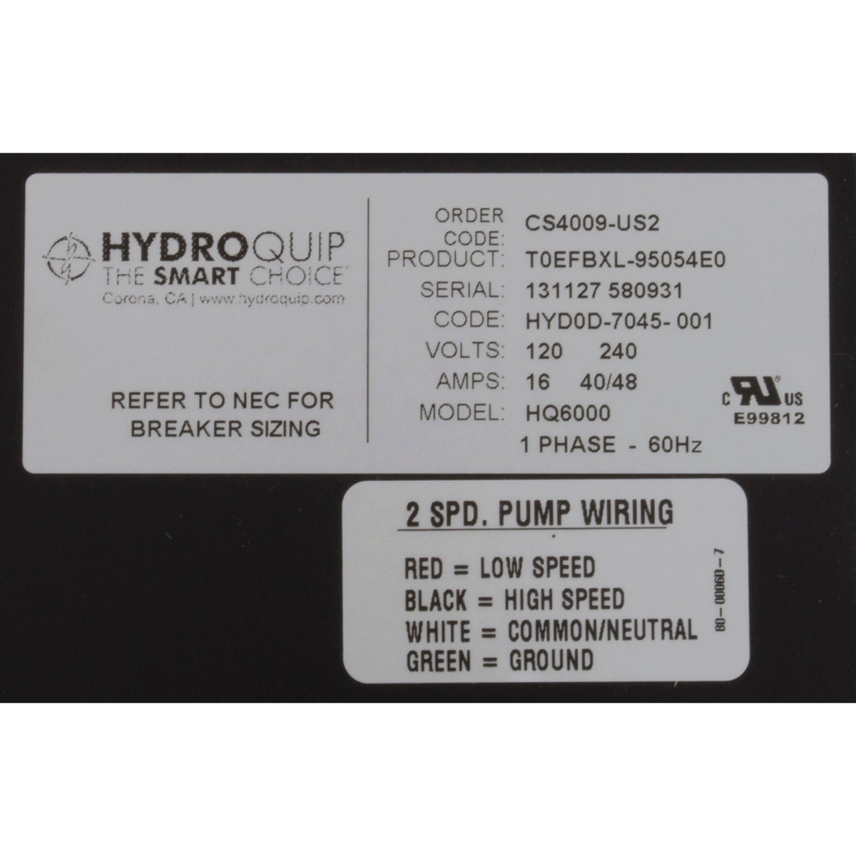 Control, Hydro-Quip CS4009-US2, P1, P2, Bl, Oz, 115v/230v, 5.5kW
