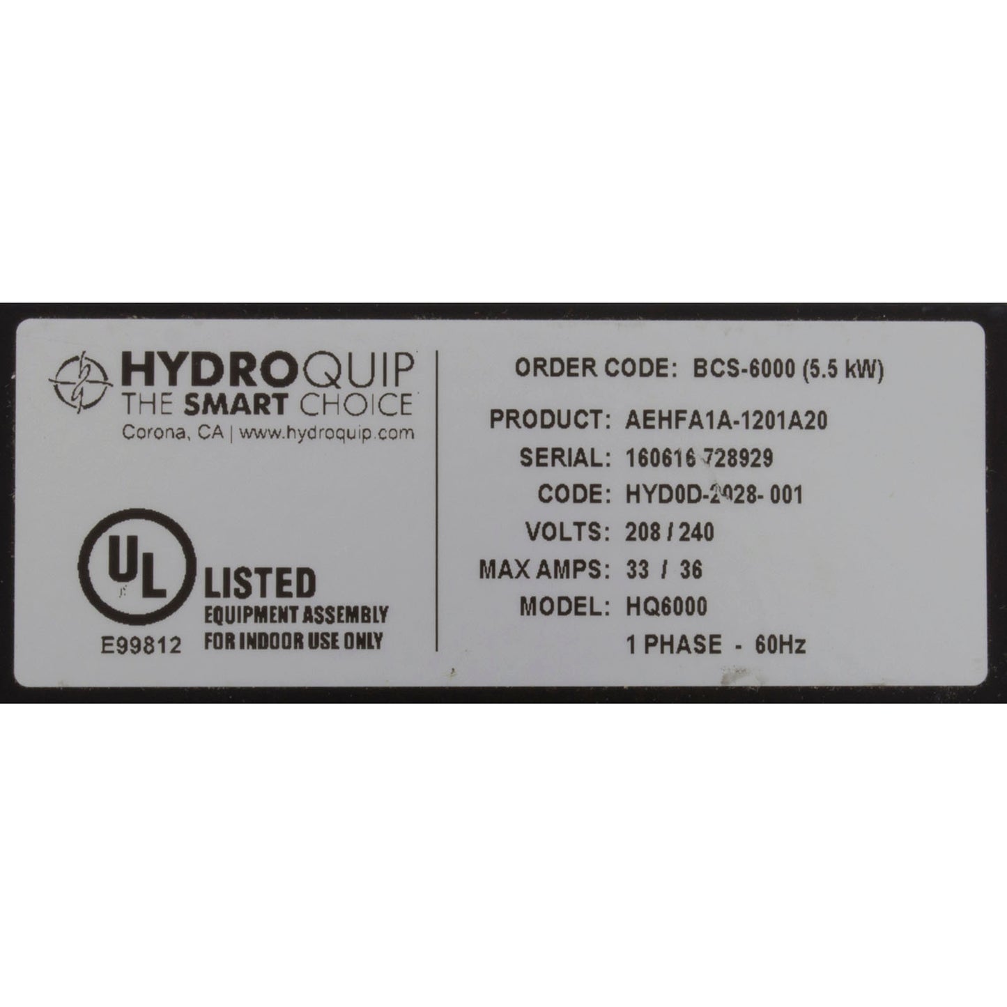 Contrôle de baptême, HQ BCS6000, 5,5 kW, 230 V, sans minuterie