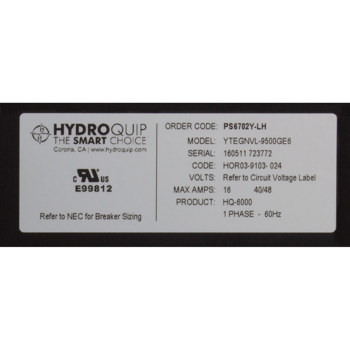 Control, Hydro-Quip PS6702Y-HS30, P1, Bl, Oz, Lt, 5.5kW, in.K19