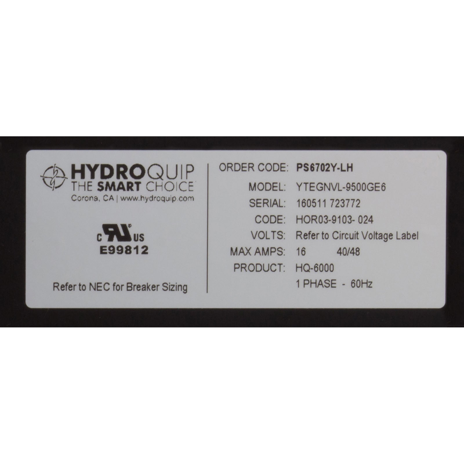 Control, Hydro-Quip PS6702Y-HS30, P1, Bl, Oz, Lt, 5.5kW, in.K200