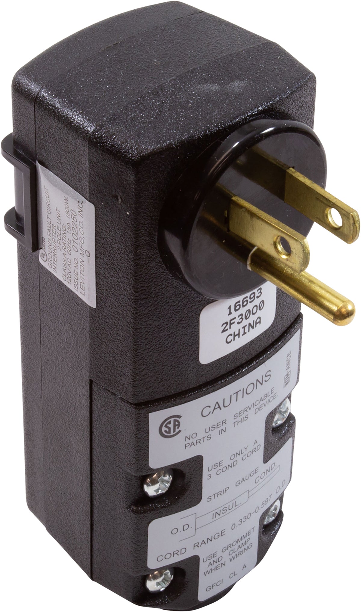 GFCI, Leviton, 15A, SPST, Right Angle Plug