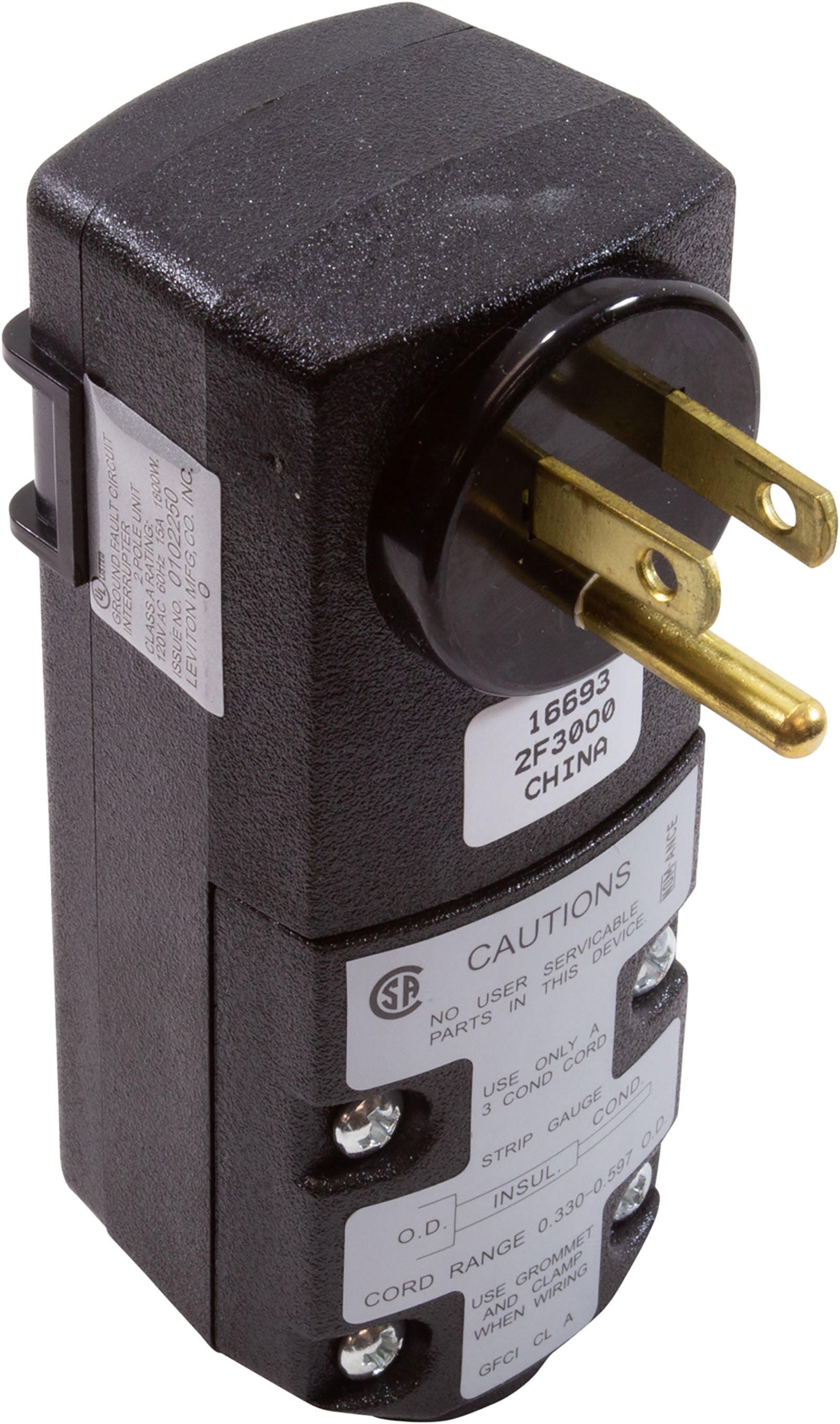 GFCI, Leviton, 15A, SPST, Right Angle Plug