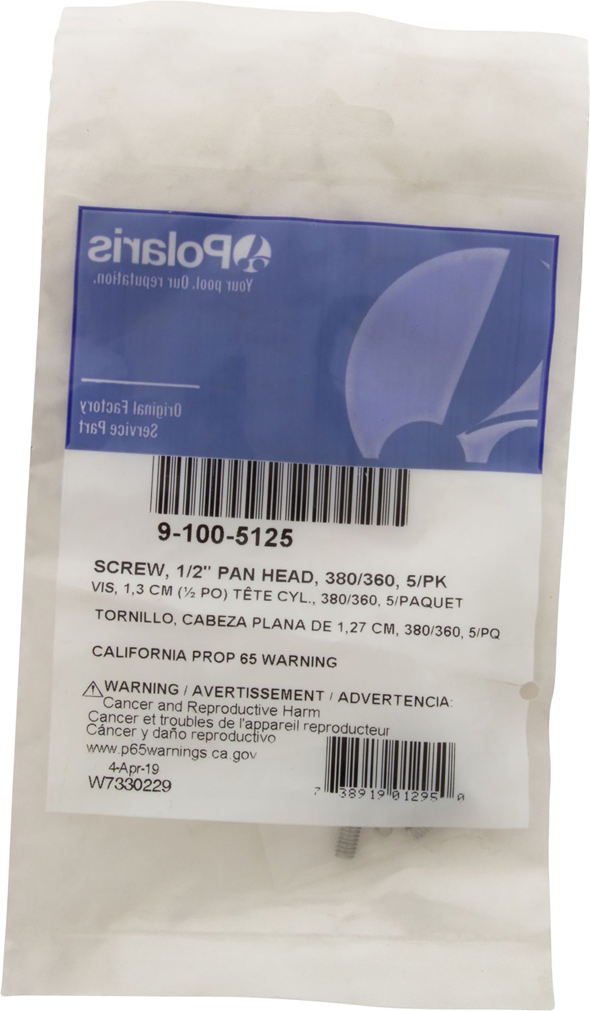 Tornillo, Zodiac Polaris, paquete de 5, 360/380, cuerpo, 8-32 x 1/2"