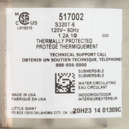 Pompe, Circ, Calvert S320T, 115 V, 1/2" x 1/4", cordon de 6 pieds, OEM