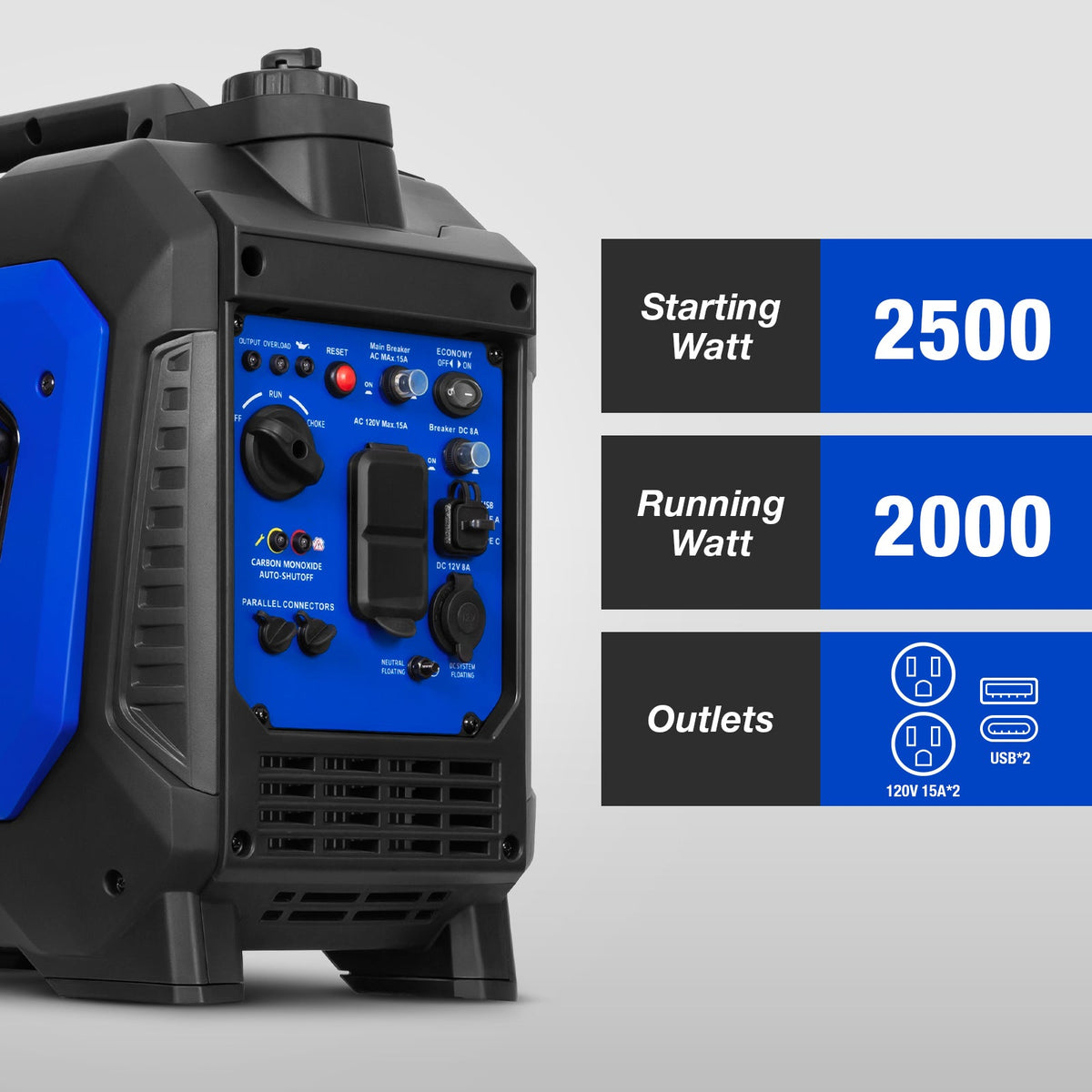 BILT HARD 2500W Portable Inverter Generator – Quiet 80cc 4-Stroke Ducar® Engine, CO Sensor, 120V AC & 12V DC, Compact Backup Power for Camping, RV, Home