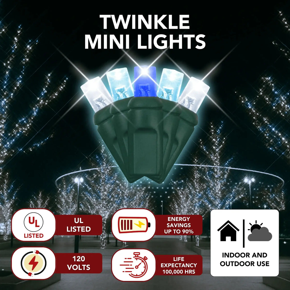 LED Mini Lights 5MM Aqua Blue and Cool White Twinkle  Green Wire- 6" Spacing