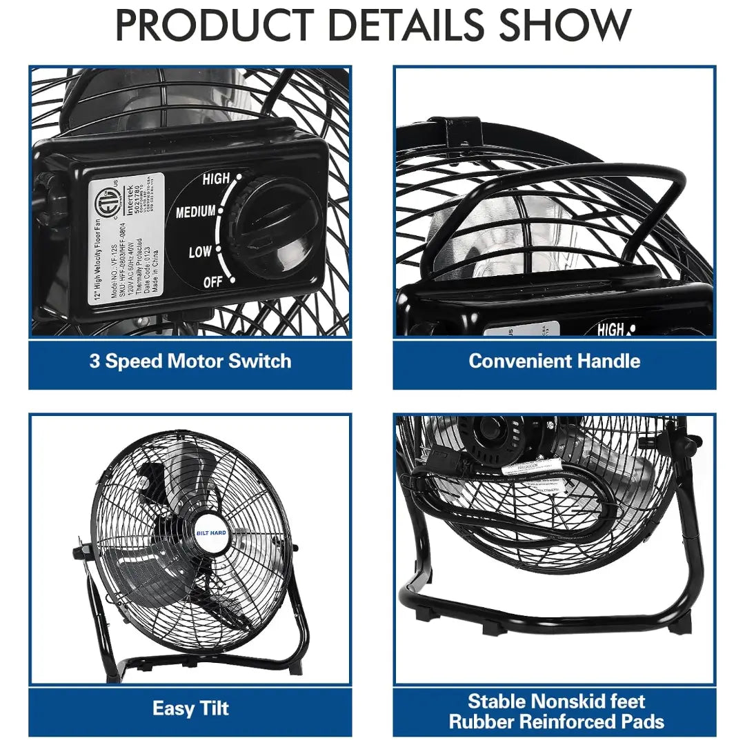 BILT HARD 12" High Velocity Metal Floor Fan: 3-Speed, 1650 CFM, 180° Tilt, Powerful Airflow