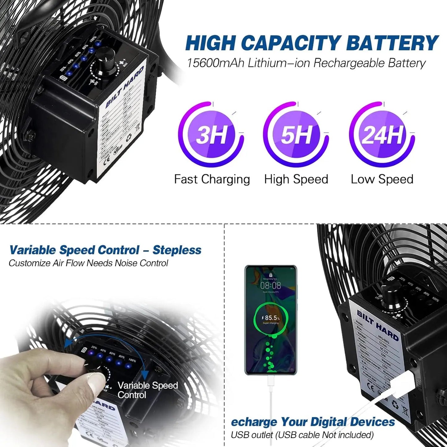 BILT HARD 16" Rechargeable Outdoor Floor Fan: 15600mAh Battery, High Velocity, All-Day Run, USB Output