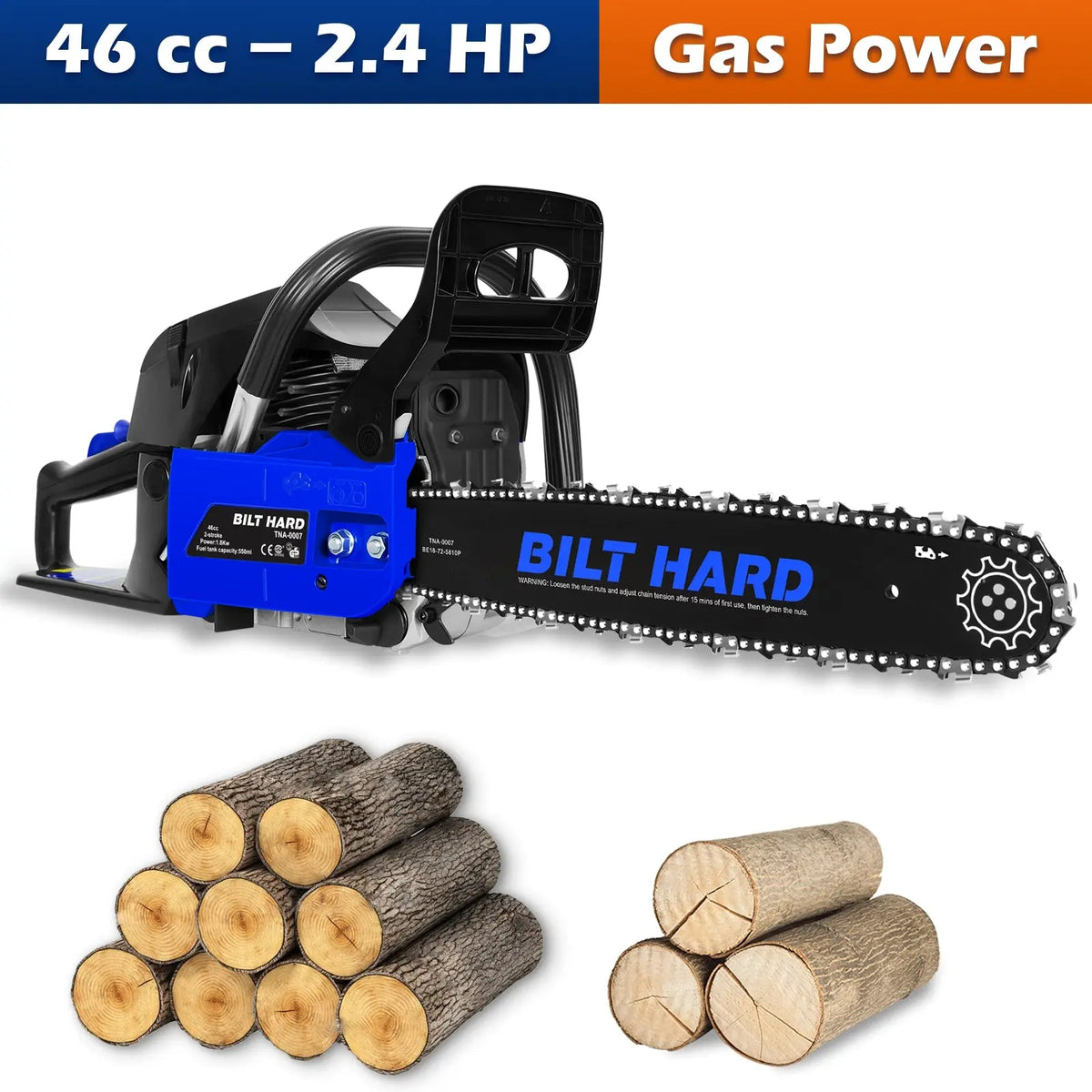 BILT HARD 18" Gas Chainsaw, 46cc 2-Cycle Engine with Auto Oiler – Powerful Wood Cutting Tool