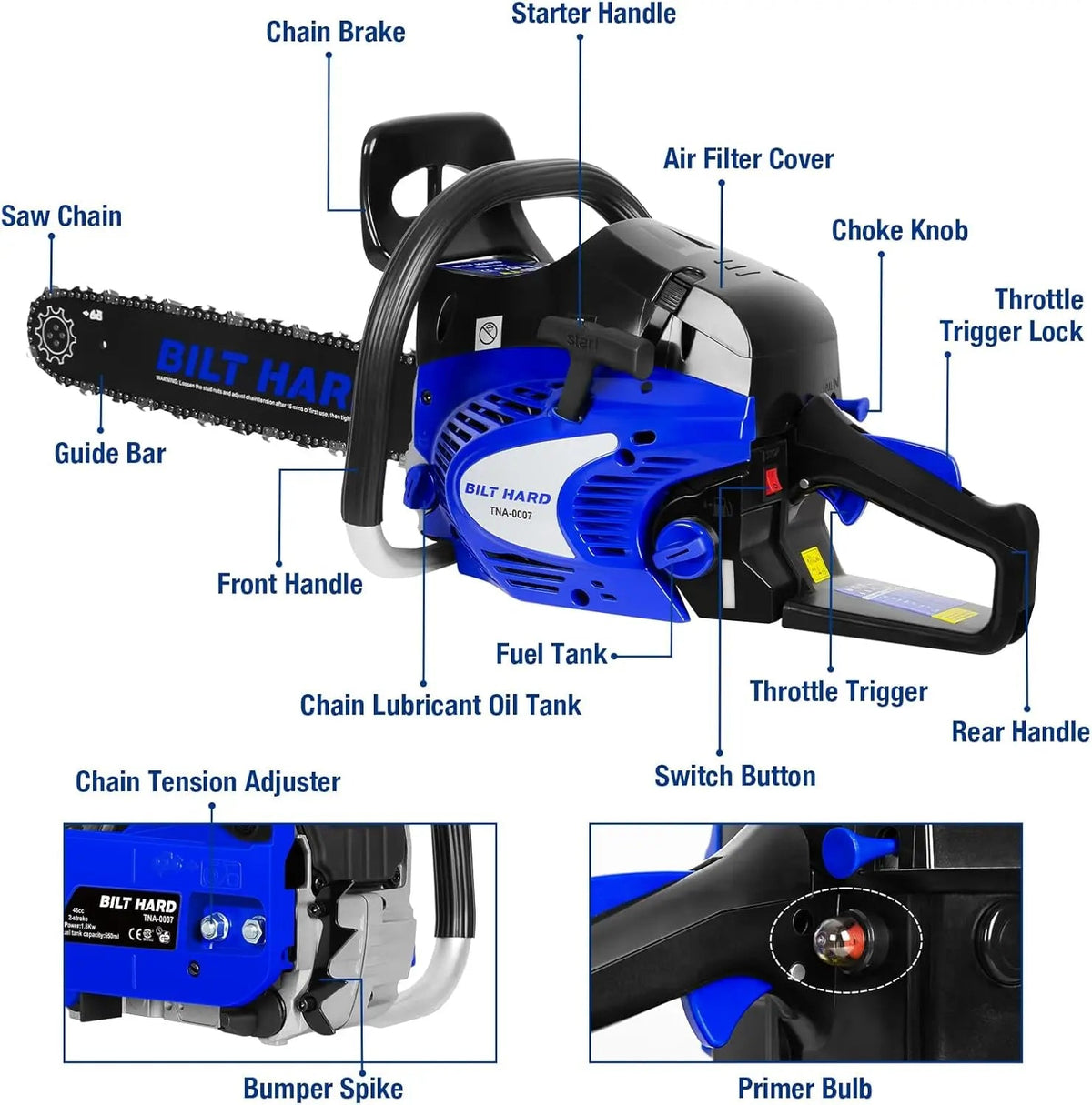 BILT HARD 18" Gas Chainsaw, 46cc 2-Cycle Engine with Auto Oiler – Powerful Wood Cutting Tool
