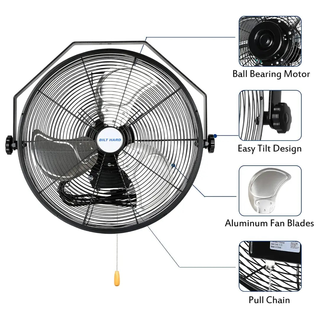 BILT HARD 20" Industrial Wall Mount Fan: 4600 CFM, 3-Speed High Velocity, Heavy-Duty Metal Barn Fan, UL Listed