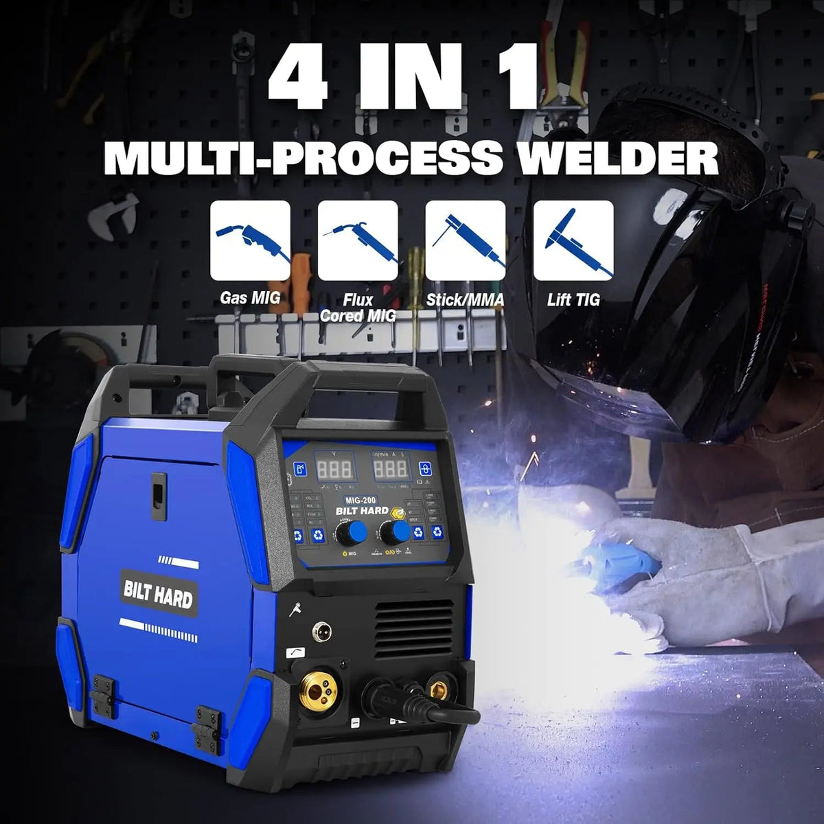 BILT HARD 200A MIG Welder, MIG/Flux Core MIG/Lift TIG/Stick 4-in-1 Welding Machine w/IGBT Inverter, 110V/220V Multi-Process Welder with Screen Display