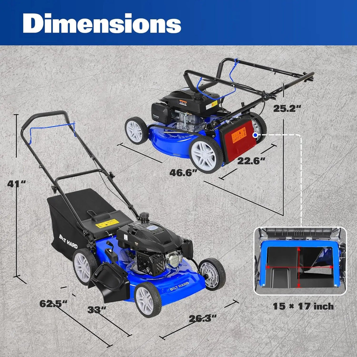 BILT HARD 21" Gas Push Mower – 201cc 3-in-1 Lawn Mower with Bagging, Mulching & Side Discharge