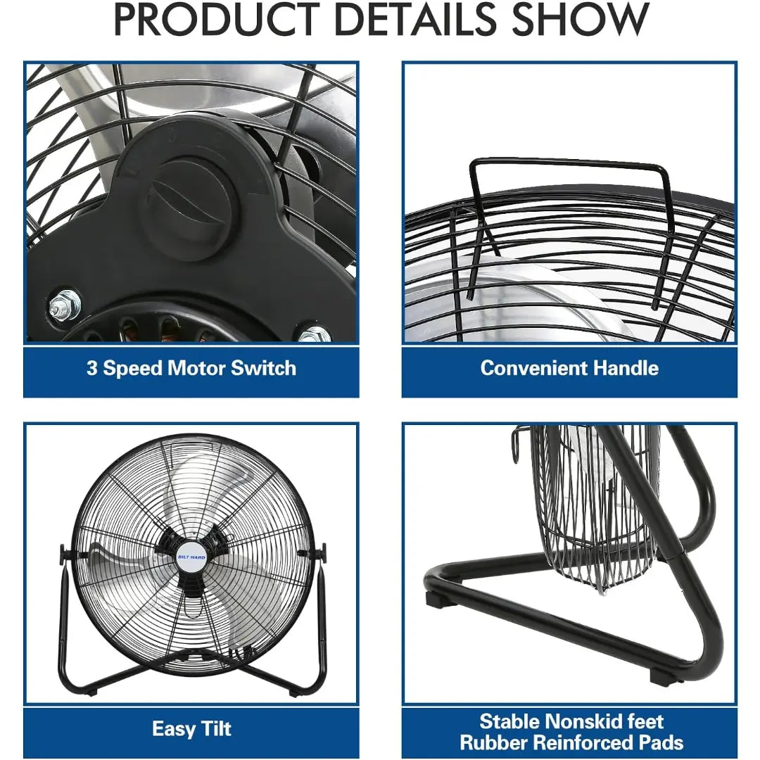 BILT HARD 20" High-Velocity Floor Fan: 4650 CFM, 3-Speed Heavy-Duty Metal Fan with Wall-Mount Option