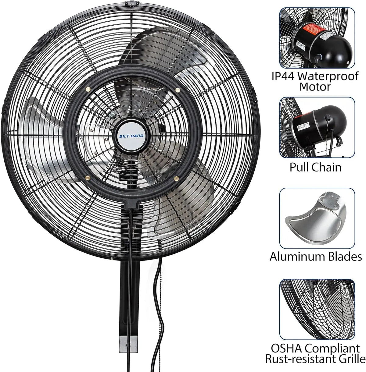 BILT HARD 20" Outdoor Wall Misting Fan: 3-Speed, 80° Oscillation, Waterproof, Heavy-Duty & UL Listed