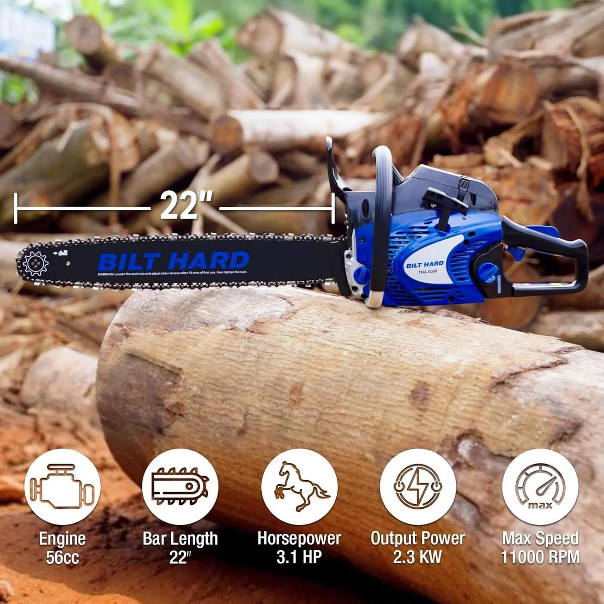 BILT HARD 22" Gas Chainsaw, 56cc 3.1HP 2-Cycle Engine, Auto Oiler, Powerful Saw for Tree Felling & Firewood
