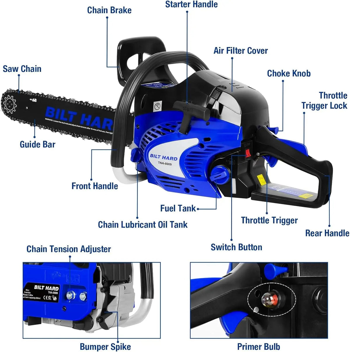 BILT HARD 22" Gas Chainsaw, 56cc 3.1HP 2-Cycle Engine, Auto Oiler, Powerful Saw for Tree Felling & Firewood