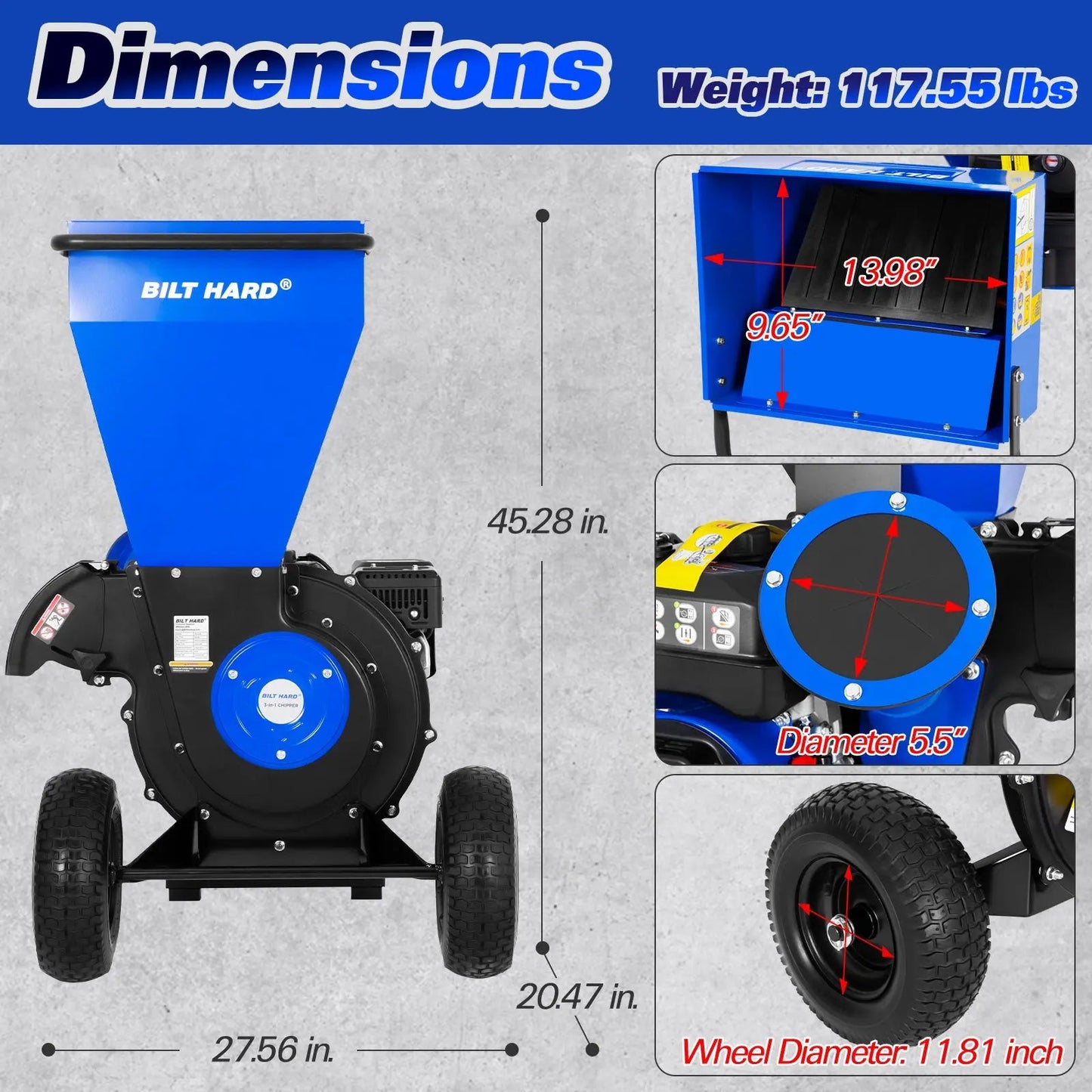 BILT HARD 224cc 7.5hp Gas Powered Wood Chipper
