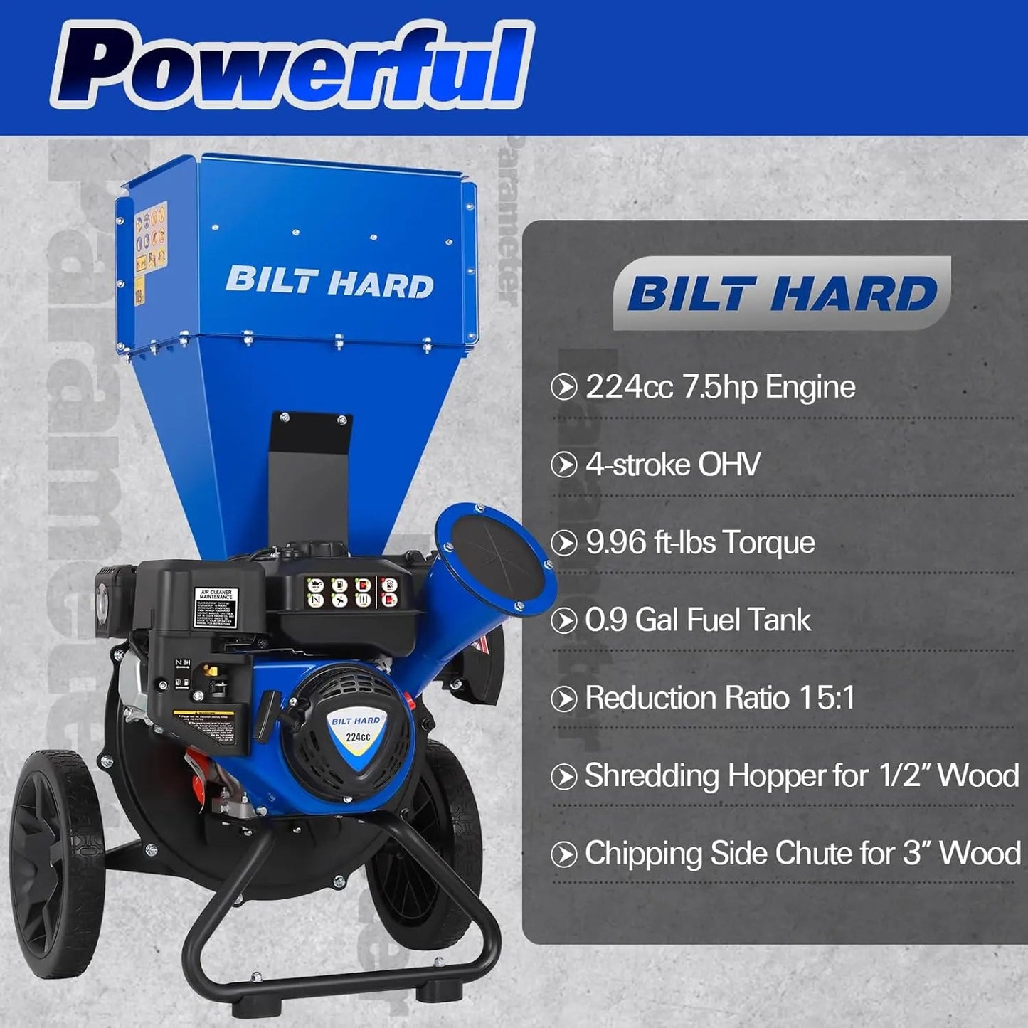 BILT HARD 224cc 7.5hp Gas Powered Wood Chipper