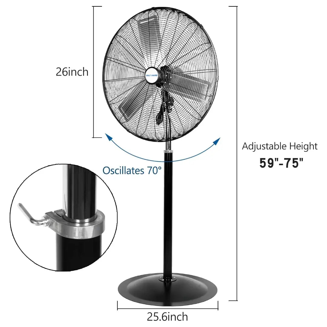 BILT HARD 24" High-Velocity Pedestal Fan: 6450 CFM, 3-Speed, Heavy-Duty Industrial Standing Fan