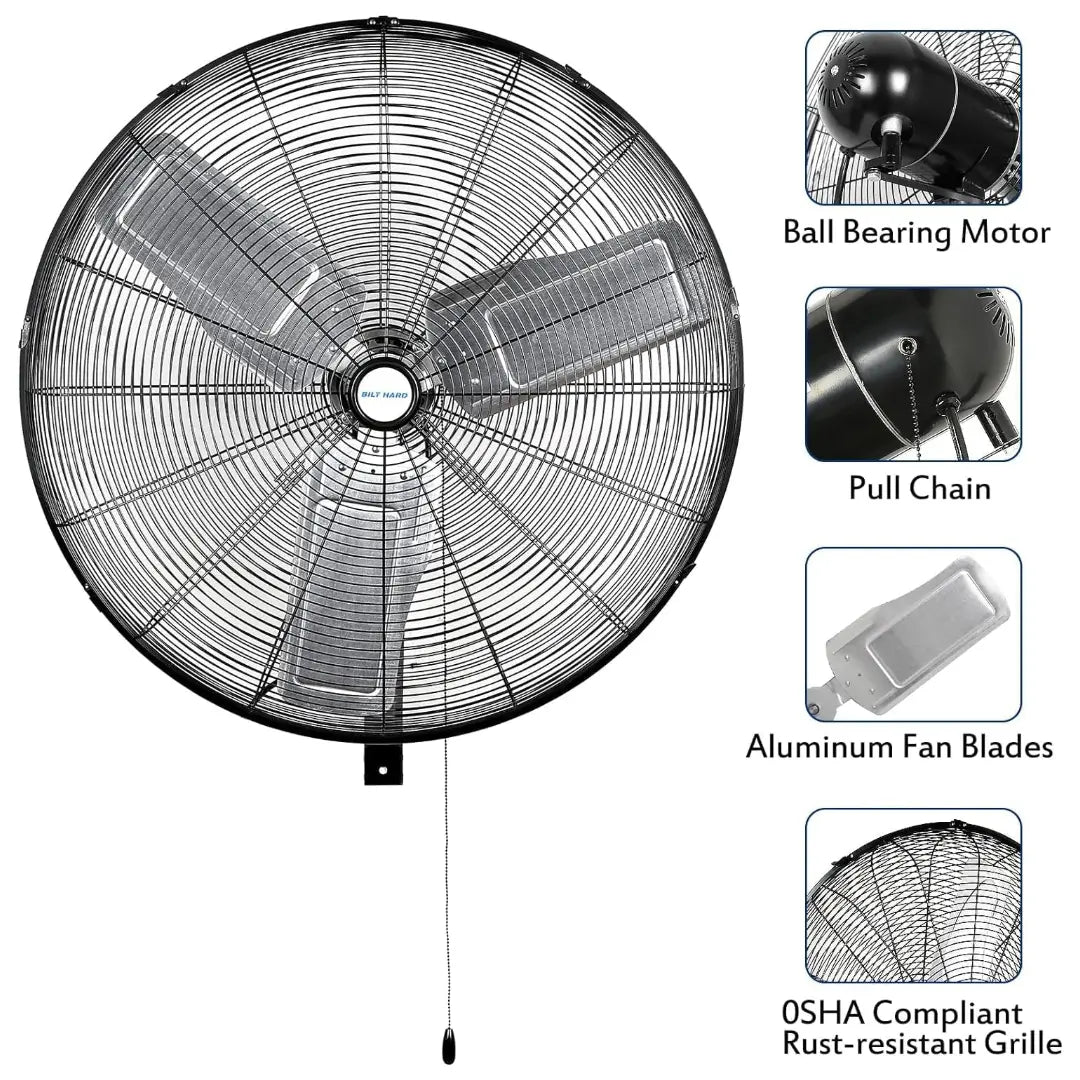 BILT HARD 30" 9500 CFM High-Velocity Wall Fan: 3-Speed Oscillating Industrial Fan, Heavy-Duty & UL Listed