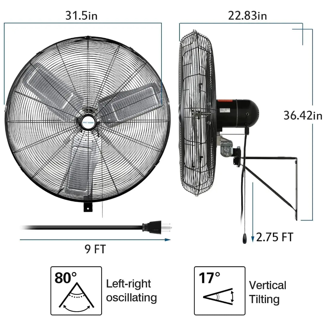 BILT HARD 30" 9500 CFM High-Velocity Wall Fan: 3-Speed Oscillating Industrial Fan, Heavy-Duty & UL Listed