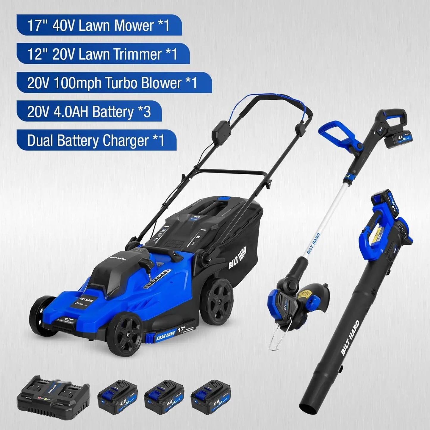 BILT HARD 40V 17" Brushless Cordless Lawn Mower with 2-in-1 12" String Trimmer/Edger and Leaf Blower Combo Set