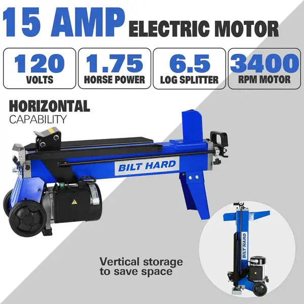 BILT HARD 6.5-Ton Electric Log Splitter – 15Amp Hydraulic Motor, Splits Logs up to 20.5", Great for Home Use & Seniors